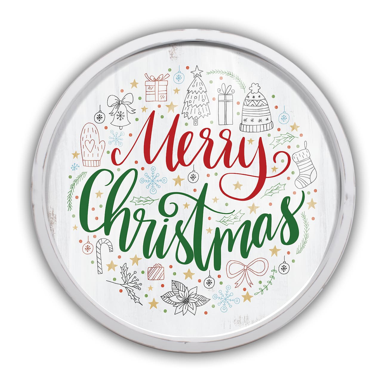 20" Round Merry Christmas Icons White Framed Wall Print